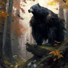 a painting of a black bear standing on a log in the middle of a forest