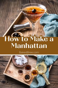 how to make a manhattan cocktail in a martini glass on a tray with ice cubes