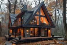 a small cabin in the woods surrounded by trees and leaves, with stairs leading up to it