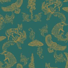 a green and gold wallpaper with animals on it