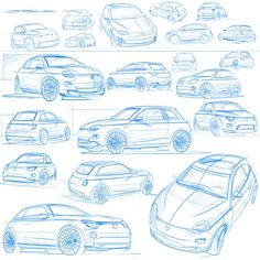 a bunch of cars that are drawn in blue ink on white paper, each with different wheels and rims