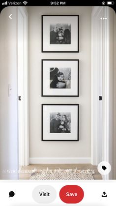 three black and white photos hanging on the wall above a rug in front of an open door