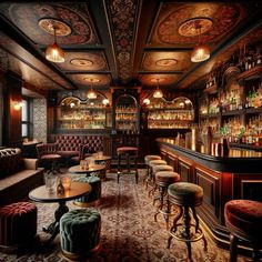 a fancy bar with many stools and tables