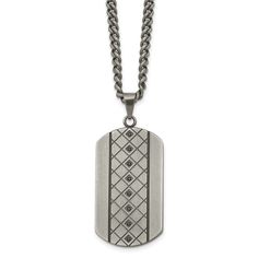 Geometric style, the simplicity of geometric shapes stands out and makes an eye-catching statement. This gorgeous dog tag necklace is created from stainless steel and black cubic zirconia. The brushed and carved pendant is approximately 25mm (1 inch) in width by 57mm (2 1/4 inch) in length, which includes the bail. It hangs on a 4mm wide, 22-inch long polished curb chain finished with a fancy lobster clasp. Suitable for engraving on the back. Cubic Zirconia Jewelry, Bow Jewelry, White Necklace, Black Jewelry, Black Necklace, Jewelry Companies, White Stone, Stainless Steel Necklace, Dog Tag