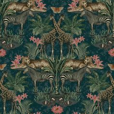 a zebra, giraffes and other animals are depicted in this wallpaper