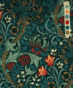 an intricately designed wallpaper with flowers and leaves in green, red, yellow and orange colors