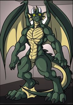 a green dragon with yellow eyes standing in front of a wall