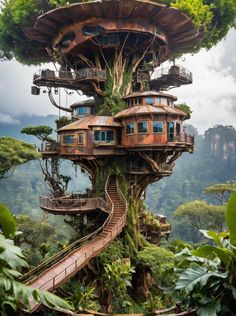 a tree house built into the side of a cliff in the middle of trees with stairs leading up to it