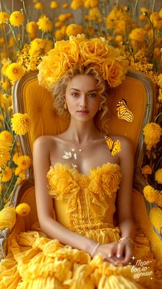 a woman sitting in a chair with yellow flowers on her head and butterfly wings above her head