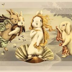 three rabbits are sitting on the shell and one bunny is holding an egg in its mouth