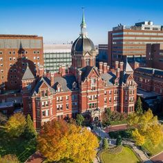 an aerial view of the campus and surrounding buildings