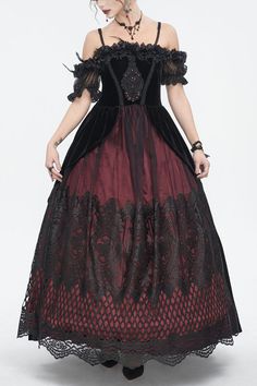 Fabric: Polyester82% Spandex8% Polyamide10% Color: Red Collar: Off Shoulder Waist: High Waisted Feature: Print, Lace Style: Gothic Clothing Type: Dress Include: Dress*1 (Any of the accessory is not included.) Size Length (in) Bust (in) Waist (in) XS 51.6 29.1 26.8 S 51.8 31.1 28.7 M 52 33.1 30.7 L 52.2 35 32.7 XL 52.4 37 34.6 2XL 52.6 39 36.6 3XL 52.8 40.9 38.6 Size Length (cm) Bust (cm) Waist (cm) XS 131 74 68 S 131.5 79 73 M 132 84 78 L 132.5 89 83 XL 133 94 88 2XL 133.5 99 93 3XL 134 104 98 Beetlejuice Wedding, Descendants Dr, Gothic Lingerie, Style Gothic, Gothic Clothing, Vintage Gowns, Lingerie Dress, Gothic Dress, Clothing Inspiration