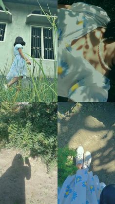 three different shots of people walking in front of a house