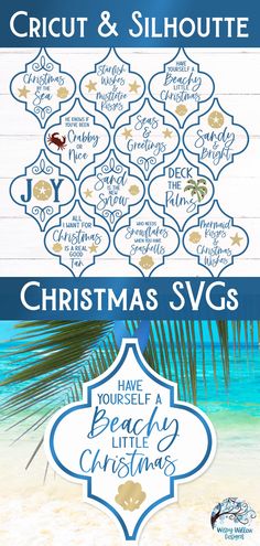 the christmas svg bundle is shown in blue and white, with an image of palm trees