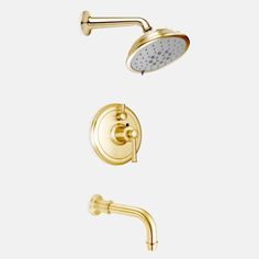 an overhead shower head and hand shower faucet with thermostaer in polished brass