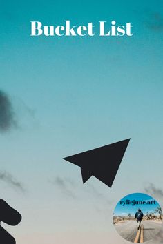 a person riding a bike down a road with an airplane flying over them and the words bucket list above it