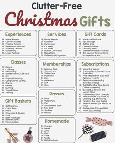 a christmas gift list with the words, gifts and other items to be given in it