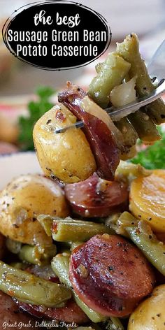 A big bite of sausage, green beans, and potatoes on a fork. Quick And Easy Main Dish Recipes, But Roast Recipes, One Dish Sausage Meals, Easy Veggie Recipes Side Dishes, Lunch Sausage Recipes, Vegetables And Meat Dishes, Recipes With Sliced Sausage, Easy One Dish Casserole Recipes, Kielbasa Green Bean And Potato Casserole