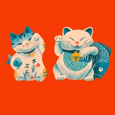 two cats sitting next to each other on top of a red background with chinese characters