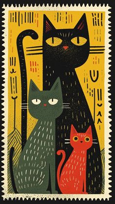 two cats sitting next to each other on a postage stamp