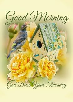 a bird is sitting on top of a bird house with yellow flowers around it and the words good morning