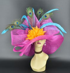 "✿*.Key Features: 100% high quality Sinamay woven material, wide brim with Jumbo bows, feather flower and extra long feathers. It's more beautiful in person! Light and comfortable! Great for Kentucky derby, weddings, Royal Ascot, horse races, cocktails, tea party, or any hat wearing occasion. Hat base size: From front to back appr: 20.5\" (52cm) From left to right appr: 21.25\" (54cm) Wide brim Appr: 7~8\" Head girth: 22.5\" (57cm) , adjustable string inside to make smaller to fit your head. If Handmade Purple Party Hat, Costume Hat For Races At Carnival, Multicolor Costume Hats For Royal Ascot Races, Carnival Costume Hat For Races, Multicolor Costume Hats And Headpieces For Royal Ascot, Elegant Multicolor Short Brim Hat, Whimsical Curved Brim Hat For Royal Ascot, Handmade Hats For Wedding And Kentucky Derby, Handmade Hats For Wedding At Royal Ascot