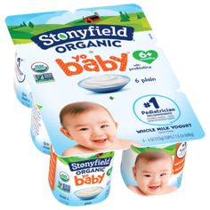 three boxes of stonyfield organic baby milk and yogurt, each with an infant's face