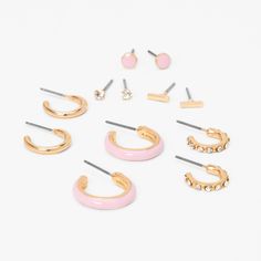 Variety is the spice of life and you're sure to love this collection of hoop and stud earrings in pink, gold-tone, and faux crystal embellished styles. With six designs to choose from, you'll always have the perfect pair for any outfit. Pack Size: 6 Finish: Gold-tone Closure: Post back Material: Metal - Claire's Gold Hoop & Stud Earrings - Pink, 6 Pack Cute Preppy Earrings, Claires Earrings Claire's, Pink Small Hoop Metal Jewelry, Pink Small Hoop Earrings In Metal, Pink Small Hoop Metal Earrings, Small Hoop Pink Metal Earrings, Claire’s Earrings, Walmart Earrings, Pink And Gold Jewelry