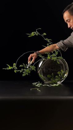 a man in grey shirt using scissors to cut leaves out of a vase with black background