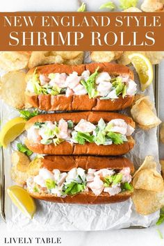 the new england style shrimp rolls are served with lemon wedges and lettuce