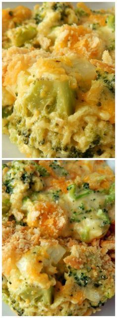 broccoli and cheese casserole is shown in two different pictures, one with the