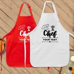 two aprons with the words chef and your text on them