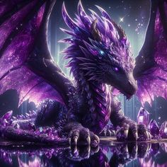 a purple dragon sitting on top of a body of water