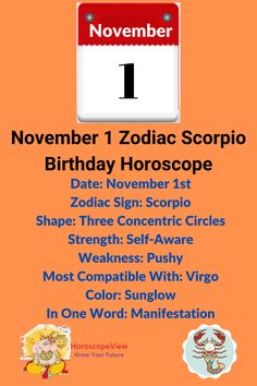 an orange birthday card with the words november 1, zodiac scorpios on it