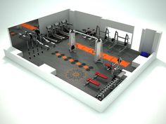 an overhead view of a gym with orange and black accents on the floor, including rows of exercise equipment