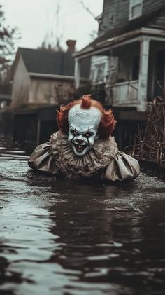 a creepy clown is floating in the water near some houses and buildings on stilts