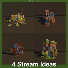 four different types of low poly structures with text that reads, 4 stream ideas for minecraft