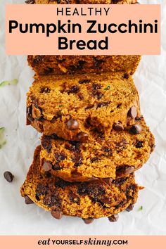 Healthy Pumpkin Zucchini Bread that is moist, fluffy and made with whole wheat flour, Greek yogurt, shredded zucchini and zero butter or refined sugar. Find all sorts of healthier dessert recipes on my website