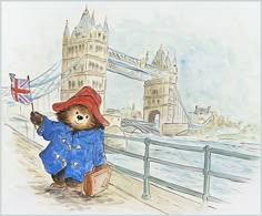 a drawing of a teddy bear in a blue coat and red hat