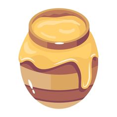 a brown and white jar filled with liquid on top of a white background, in the shape of a honey pot