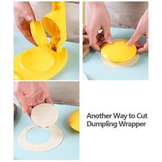 the instructions for how to cut dumpling wrappers are shown in three different pictures