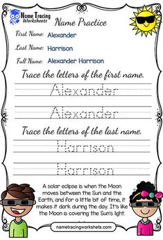 a printable worksheet for children to write their name in the sun and moon