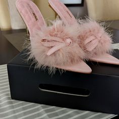 Pink Fuzzy Mules With 4" Gold Heel Very Sturdy And With Inner Sole Cushion For Comfort, Nevermind Sexy Pink Fuzzy Heels, Fuzzy Heels, Navy Blue Wedges, Pink Mules, Jimmy Choo Boots, Tommy Hilfiger Sneakers, Low Top Converse, Platform Heels Boots, Blue Wedges