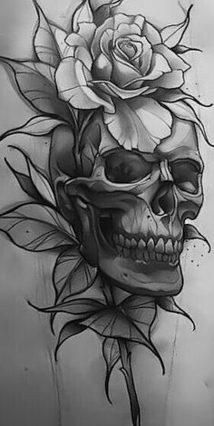 a skull with a rose on it's head is shown in black and white