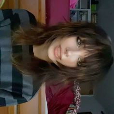 Emo Middle Part, Emo Hair For Round Faces, Shag With Straight Bangs, Layered Hair Side Part Mid Length, Hair Inspiration For Round Face, Scene Hair With Bangs, Woman Haircut With Bangs, Short Layer Long Hair, Hair Ideas Alternative