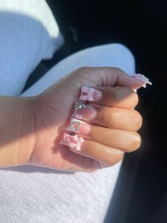 Charm Placement On Nails, Long Nail Set Ideas, Blinged Out Duck Nails, French Tip Bling Nails, Acrylic Duck Nails, Duck Acrylic Nails, Pink Duck Nails, Short Nail Sets, Nails With Bling