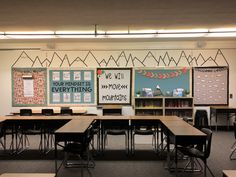 an empty classroom with desks and chairs