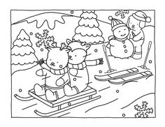 a black and white drawing of three bears on skis in the snow, one is skiing