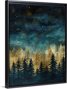 the night sky with stars and trees on it is painted in gold and blue tones