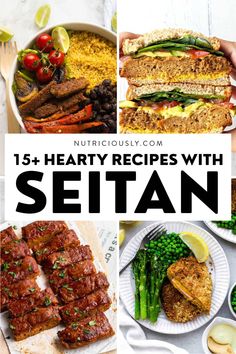 collage of healthy meals with text overlay that reads, 15 hearty recipes with seitan